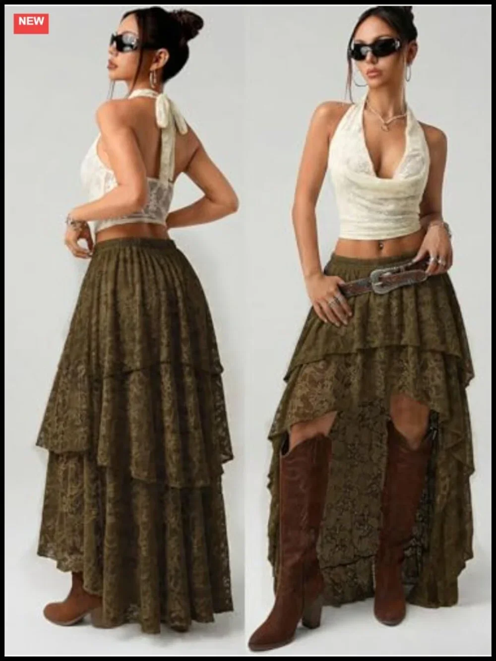 Y2K Lace Ruffle Asymmetrical Maxi Skirt for Festival